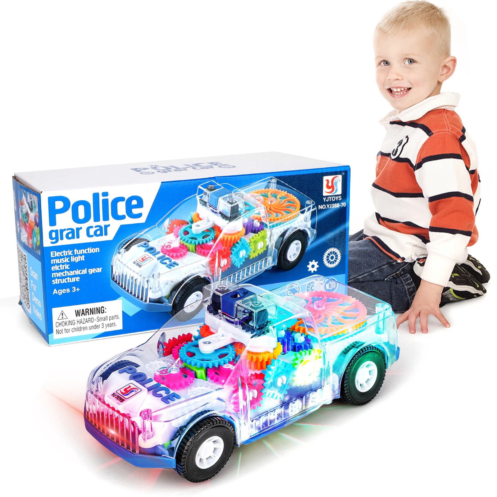 Transparent Police Gear Car Toy 360° Rotating Car with Lights Sounds