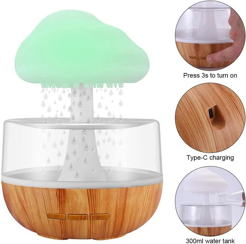Rain Cloud Night Light Humidifier with Raining Water Drop Sound Oil Diffuser for Bedroom