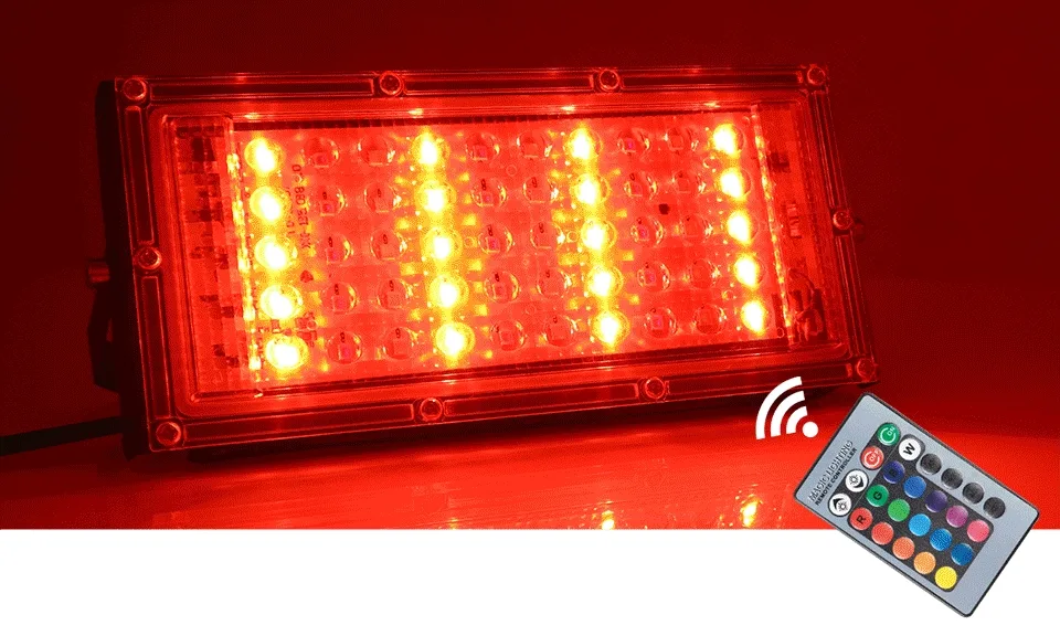 RGB LED Flood Light- Remote Controlled IP66 Waterproof Landscape & Outdoor Lighting (50W, AC220V) 